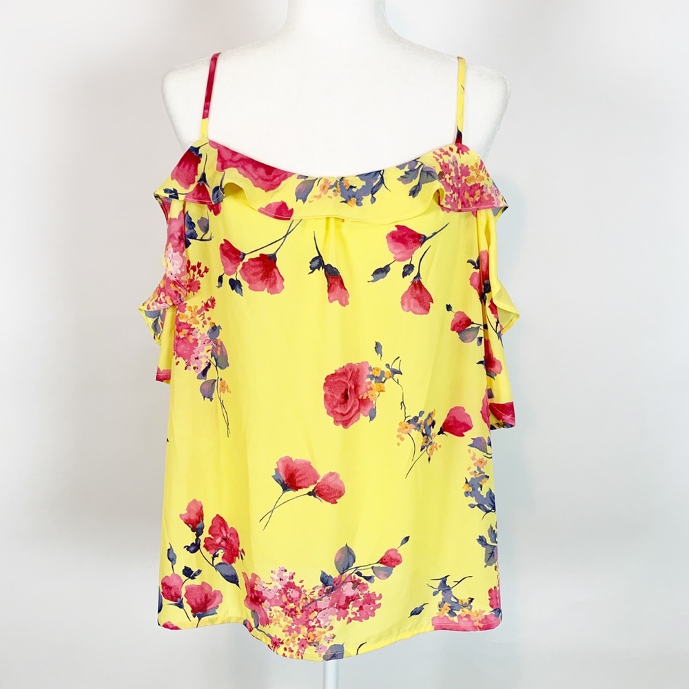 Skies are Blue Yellow Floral Cold Shoulder Top L